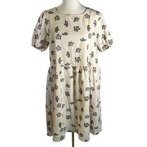 Cloud Ten Women's Large Linen Blend Dress Cream Black Floral Print Pockets‎ New
